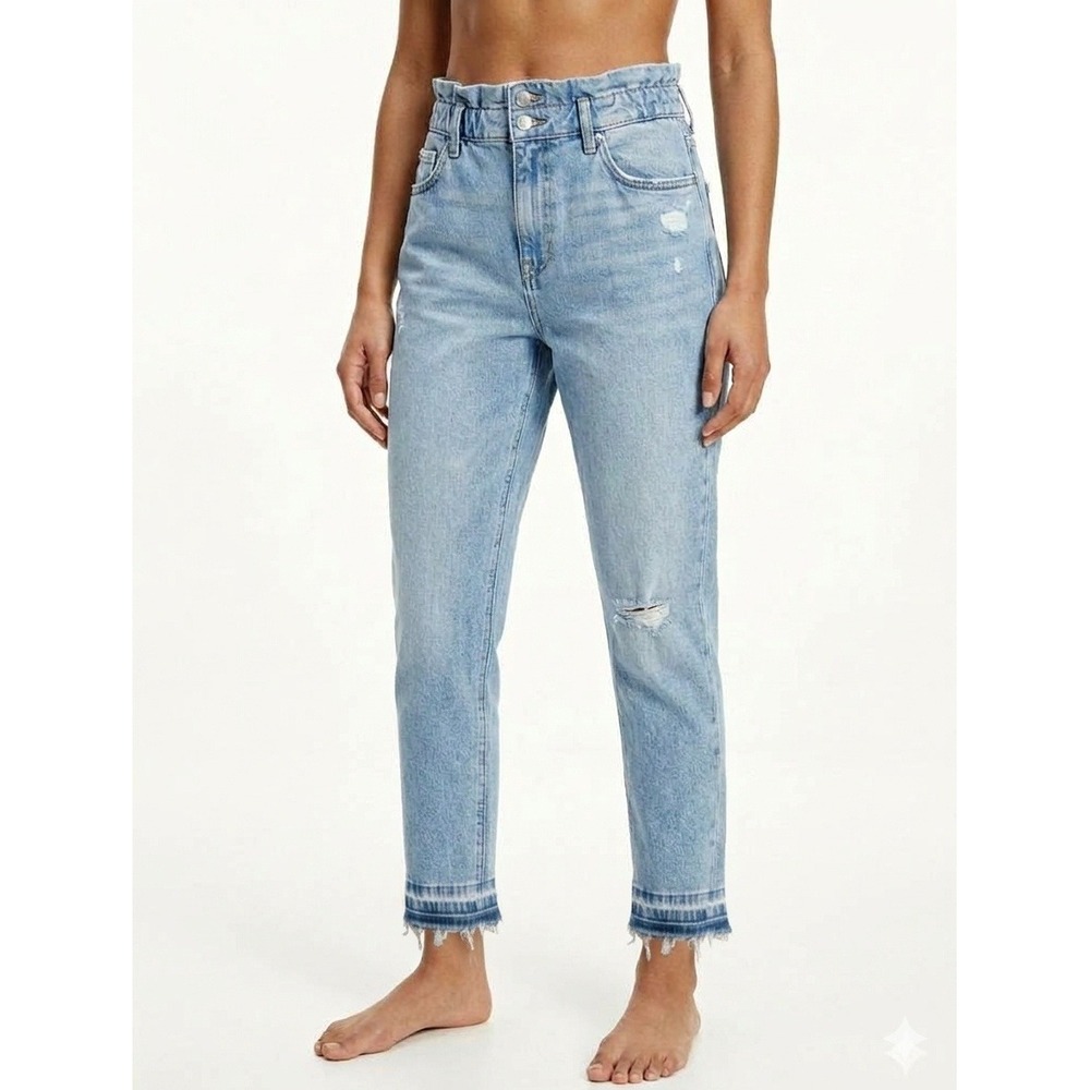 Tommy Jeans Womens Light Wash Paperbag Waist Jeans Distressed Frayed Hem Size 6